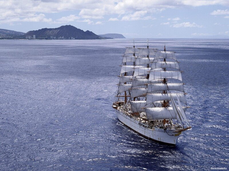 Sailing Ship in Ocean — Mountain