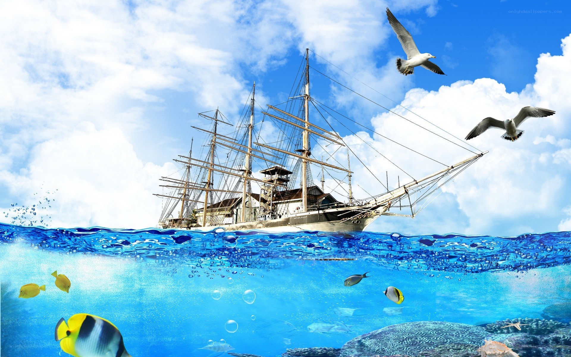 sailing ship in ocean scene