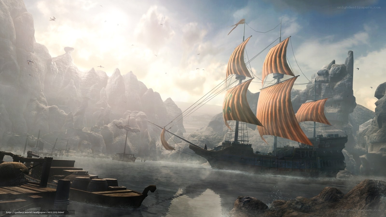 Sailing ship in rocky bay