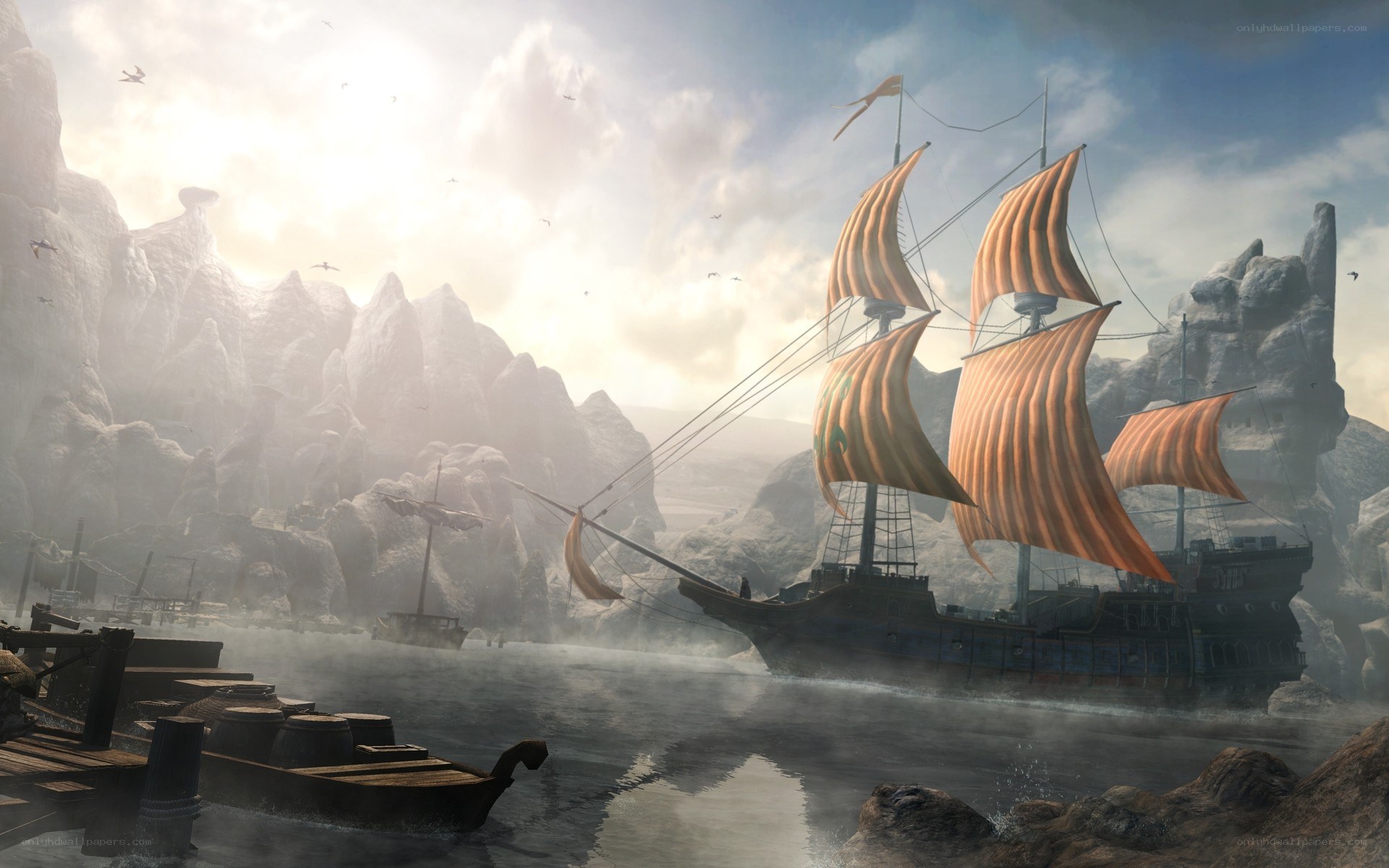 sailing ship in rocky harbor