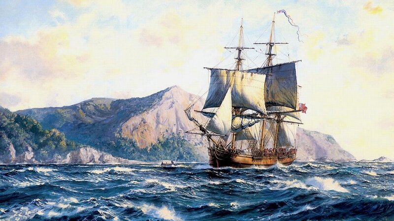 Sailing Ship in Rough Sea — Blue, Dramatic, Afternoon, Painting, Mountain