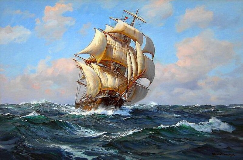 Sailing Ship in Rough Sea — Blue, Dramatic, Afternoon, Painting, Ocean, Sky, Clouds