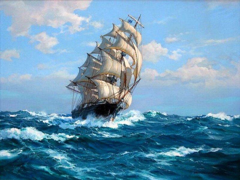 Sailing Ship in Rough Sea — Blue, Dramatic, Afternoon, Painting, Ocean