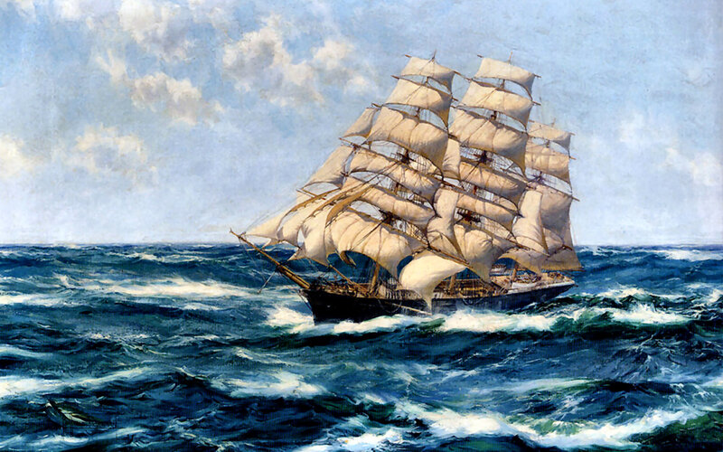 Sailing Ship in Rough Sea — Blue, Dramatic, Afternoon, Painting