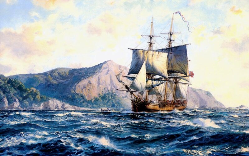 Sailing Ship in Rough Sea — Blue, Dramatic, Afternoon