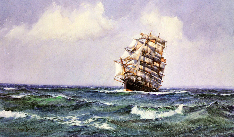 Sailing Ship in Rough Sea — Blue, Dramatic, Painting, Ocean, Clouds, Sails