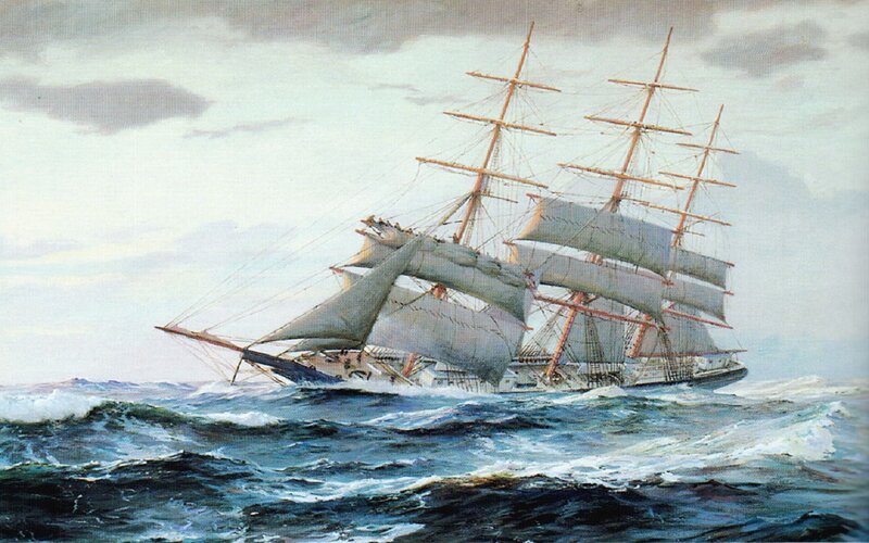 Sailing Ship in Rough Sea — Blue, Dramatic, Painting, Ocean, Clouds