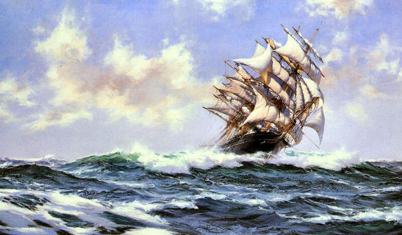 Sailing Ship in Rough Sea — Blue, Dramatic, Painting, Ocean, Sky, Clouds