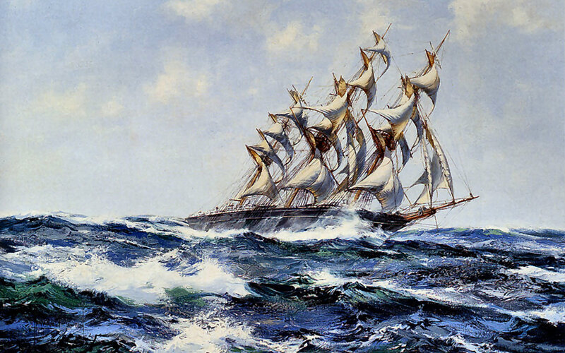 Sailing Ship in Rough Sea — Blue, Dramatic, Painting, Ocean, Sky