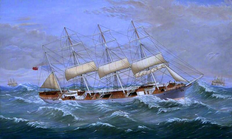 Sailing Ship in Rough Sea — Blue, Dramatic, Painting, Ocean