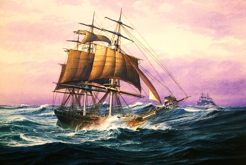 Sailing Ship in Rough Sea — Blue, Dramatic, Sunset