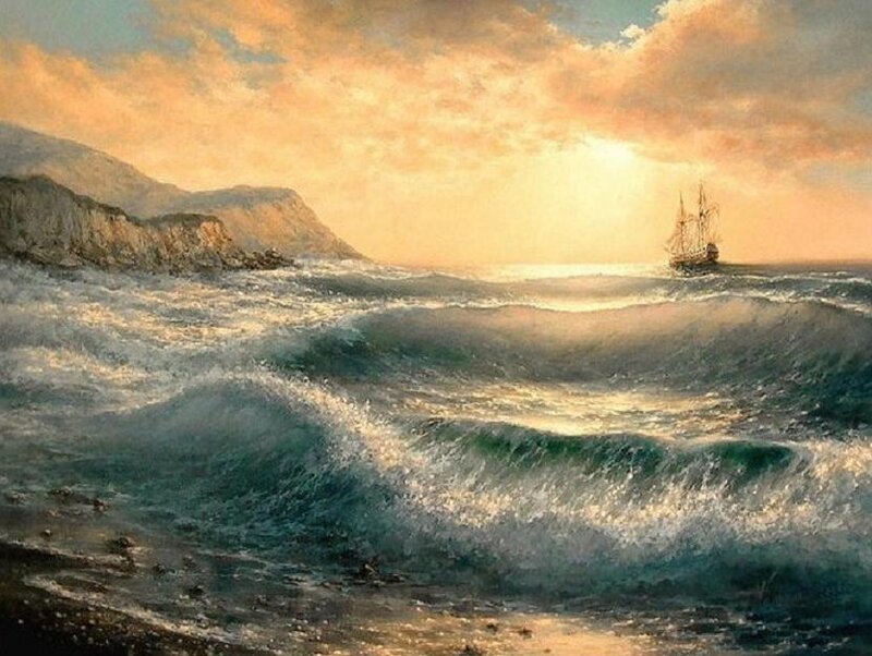 Sailing Ship in Rough Sea — Blue