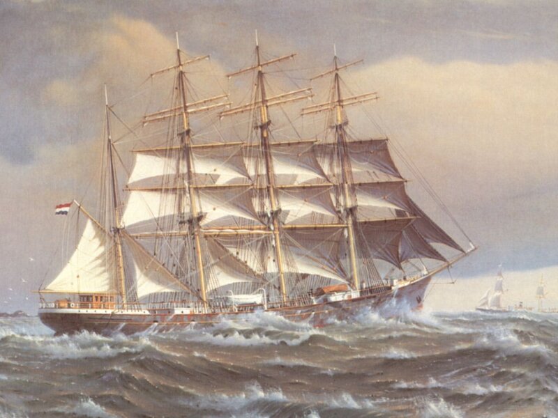 Sailing Ship in Rough Sea — Brown, Dramatic