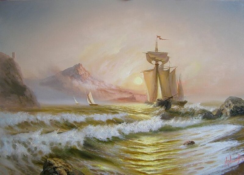 Sailing Ship in Rough Sea — Yellow