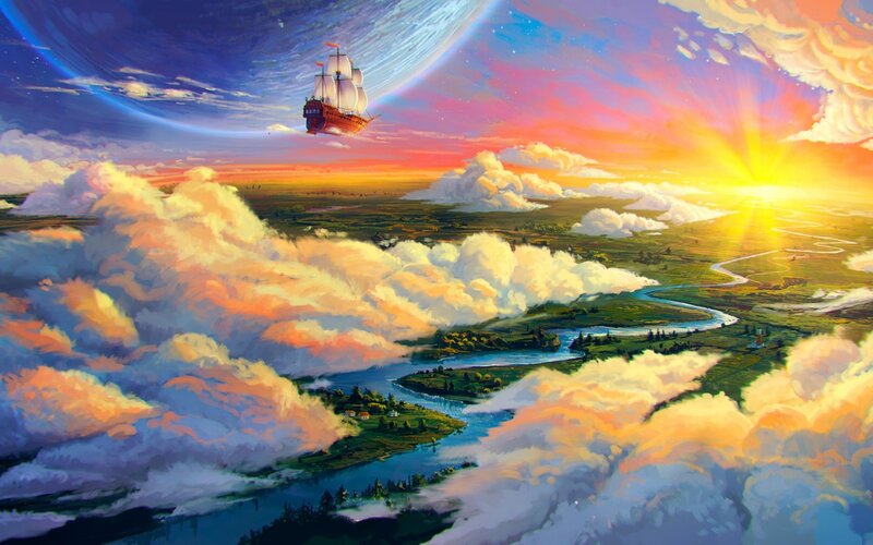Sailing Ship in Sky — Blue, Dramatic