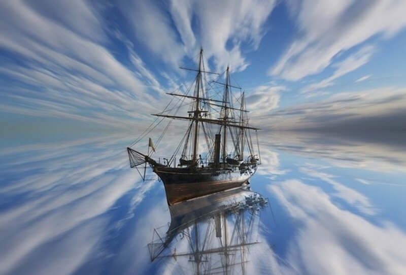 Sailing Ship in Sky — Blue, Dreamlike