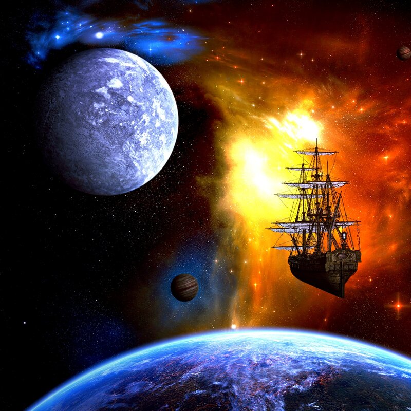 Sailing Ship in Space — Blue, Dramatic, Digital Art