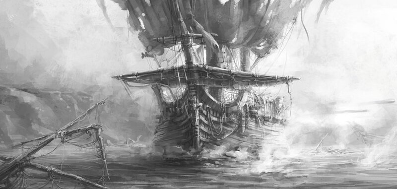 Sailing Ship in Storm — Black, Dramatic, Digital Art