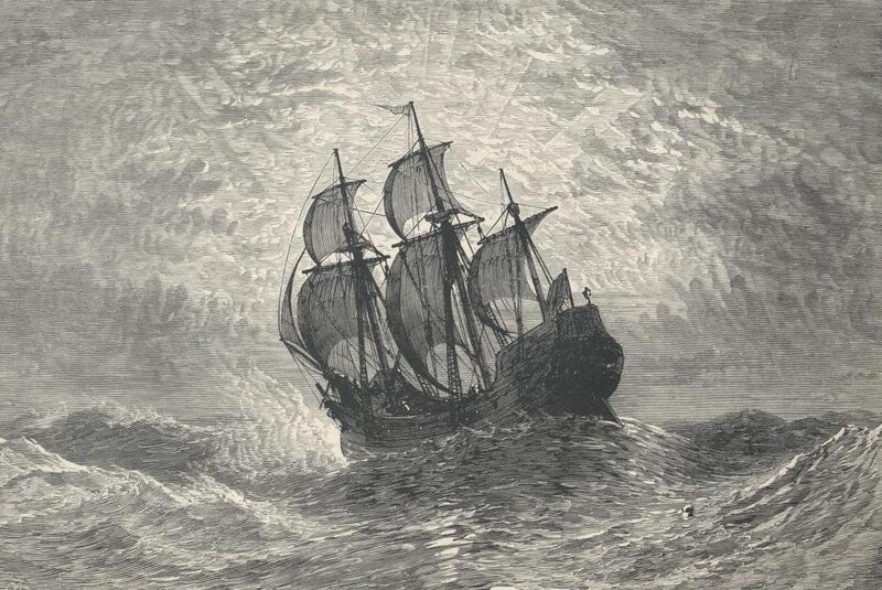 Sailing Ship in Storm — Black, Dramatic, Illustration, Ocean