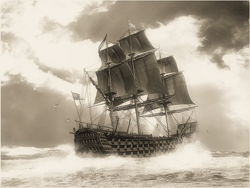 Sailing Ship in Storm — Black, Dramatic, Illustration