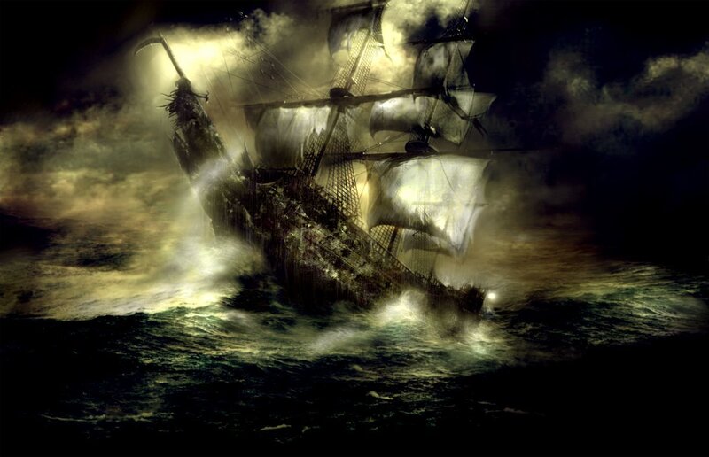 Sailing Ship in Storm — Black, Dramatic, Night, Digital Art, Ocean