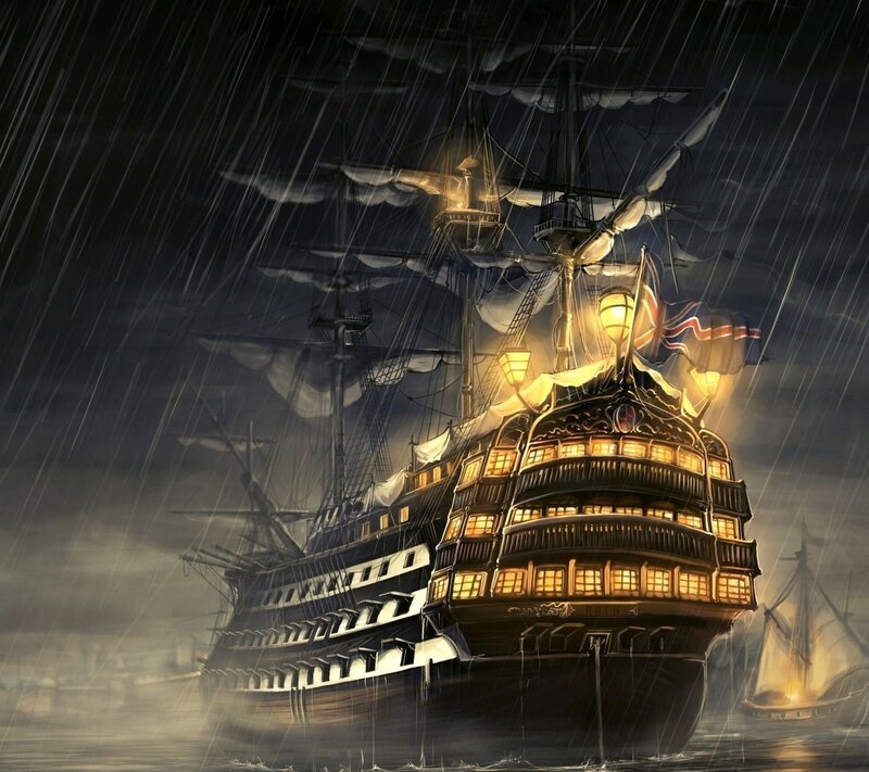 Sailing Ship in Storm — Black, Dramatic, Night, Digital Art, Rain, Flag, Lanterns