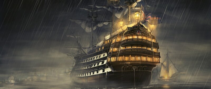 Sailing Ship in Storm — Black, Dramatic, Night, Digital Art, Rain, Flag