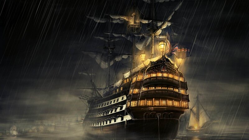 Sailing Ship in Storm — Black, Dramatic, Night, Digital Art, Rain, Lights, Flag