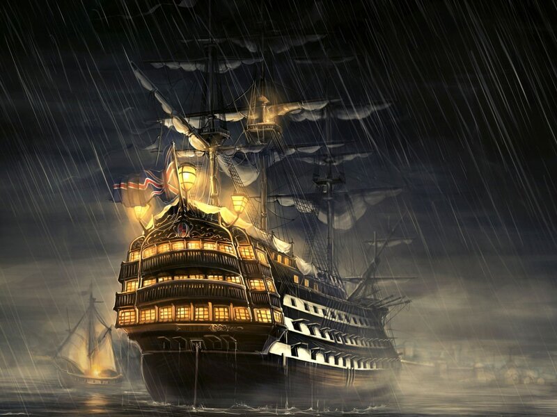 Sailing Ship in Storm — Black, Dramatic, Night, Digital Art, Rain, Lights