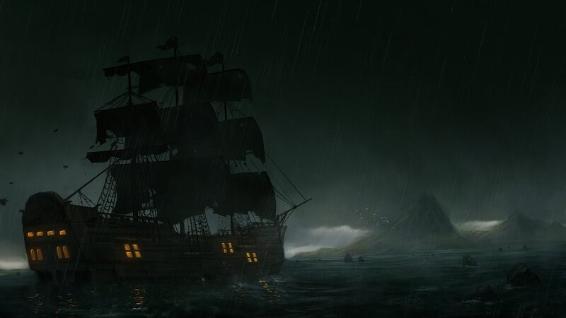 Sailing Ship in Storm — Black, Dramatic, Night, Digital Art, Rain, Mountains