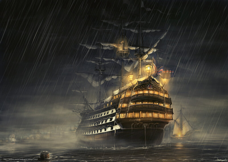 Sailing Ship in Storm — Black, Dramatic, Night, Digital Art, Rain, Sea, Lights