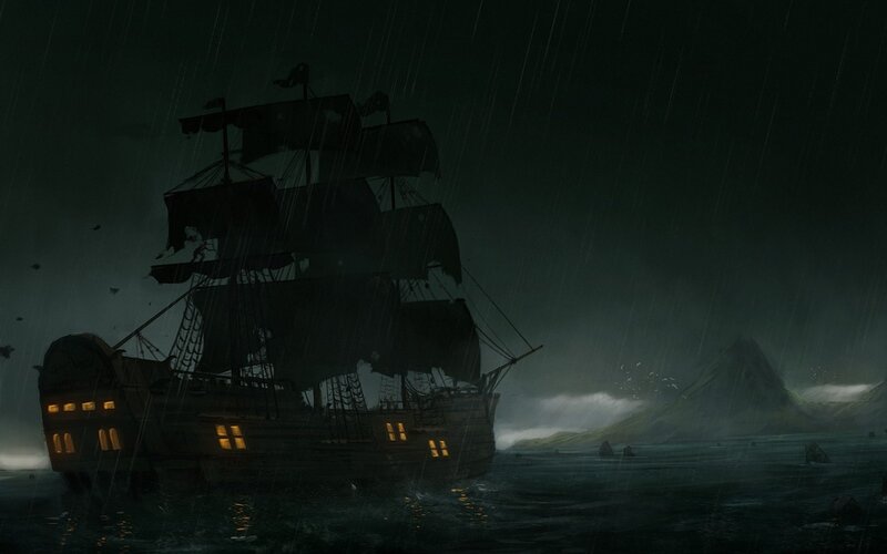 Sailing Ship in Storm — Black, Dramatic, Night, Digital Art, Rain