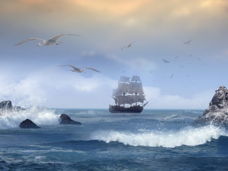 Sailing Ship in Storm — Blue, Dramatic, Afternoon, Digital Art
