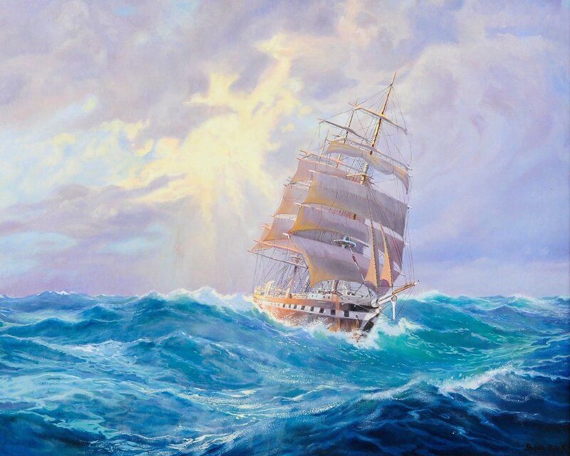 Sailing Ship in Storm — Blue, Dramatic, Afternoon