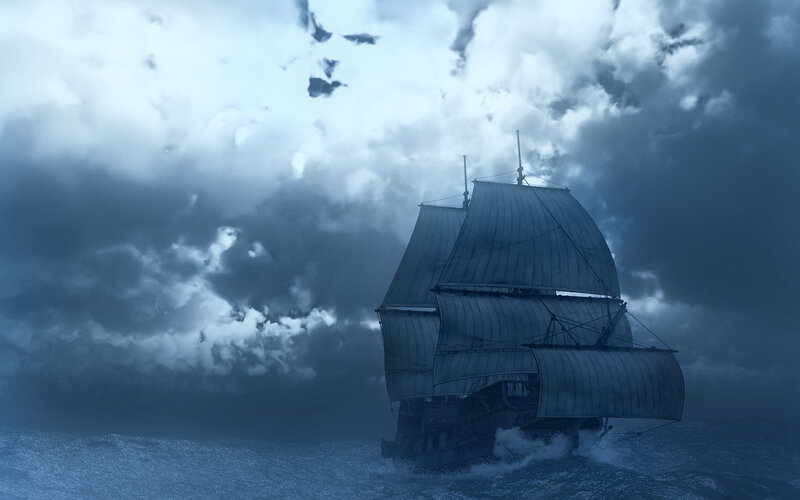 Sailing Ship in Storm — Blue, Dramatic, Digital Art, Ocean