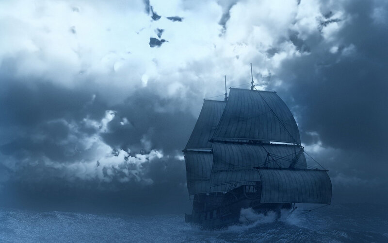 Sailing Ship in Storm — Blue, Dramatic, Digital Art, Storm Clouds