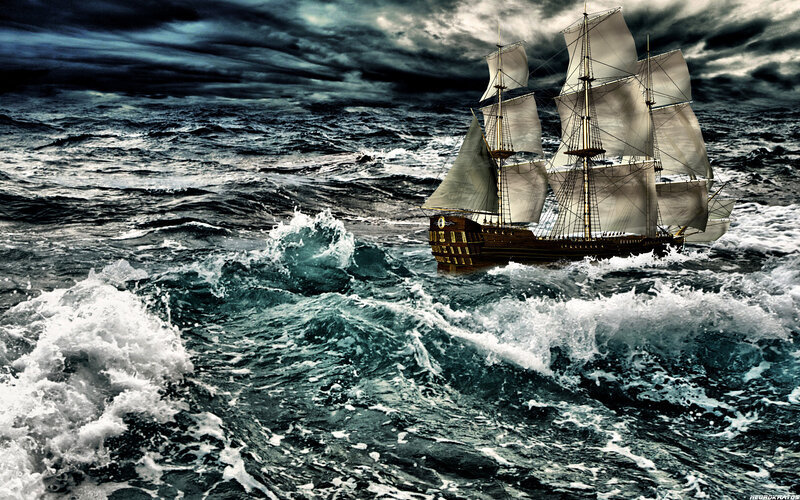 Sailing Ship in Storm — Blue, Dramatic, Digital Art