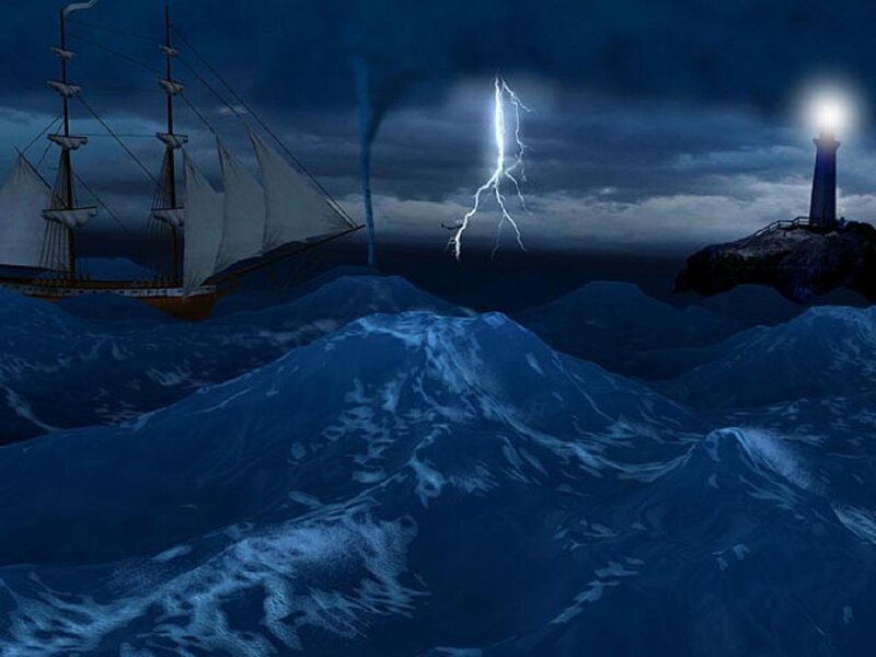 Sailing Ship in Storm — Blue, Dramatic, Night, Digital Art, Lighthouse