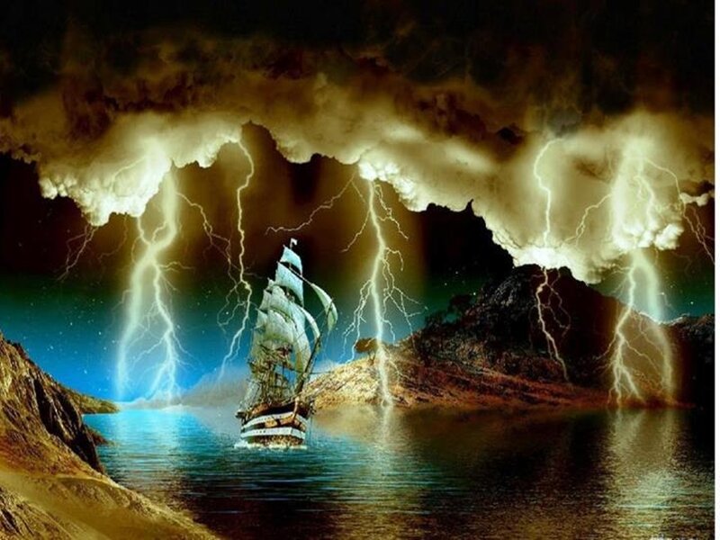 Sailing Ship in Storm — Blue, Dramatic, Night, Digital Art, Lightning, Mountains, Clouds