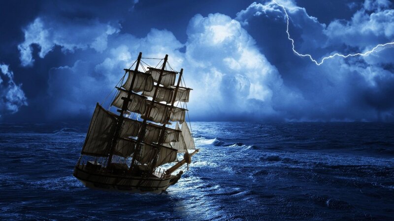 Sailing Ship in Storm — Blue, Dramatic, Night, Digital Art, Lightning, Ocean, Black