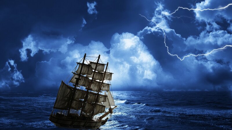 Sailing Ship in Storm — Blue, Dramatic, Night, Digital Art, Lightning, Ocean