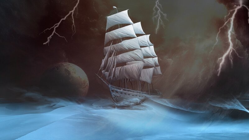 Sailing Ship in Storm — Blue, Dramatic, Night, Digital Art, Lightning, Planet