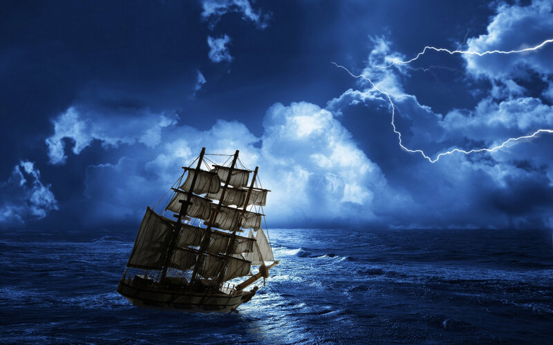 Sailing Ship in Storm — Blue, Dramatic, Night, Digital Art, Lightning