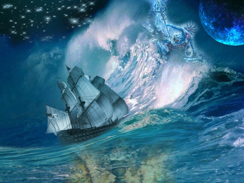 Sailing Ship in Storm — Blue, Dramatic, Night, Digital Art, Monster