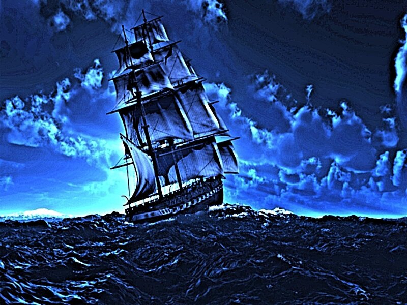 Sailing Ship in Storm — Blue, Dramatic, Night, Digital Art, Ocean, Clouds