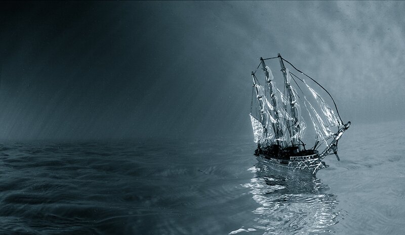 Sailing Ship in Storm — Blue, Dramatic, Night, Digital Art, Ocean, Rain
