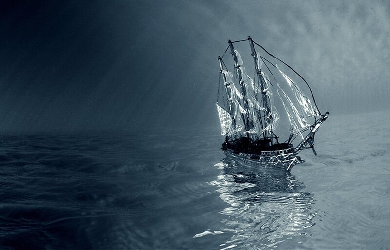 Sailing Ship in Storm — Blue, Dramatic, Night, Digital Art, Ocean