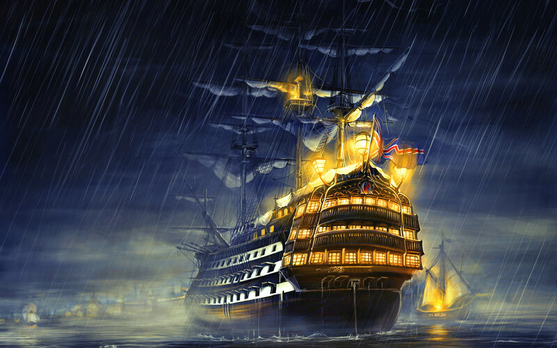 Sailing Ship in Storm — Blue, Dramatic, Night, Digital Art, Rain