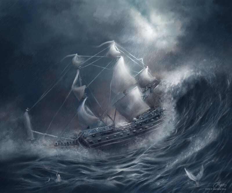 Sailing Ship in Storm — Blue, Dramatic, Night, Digital Art