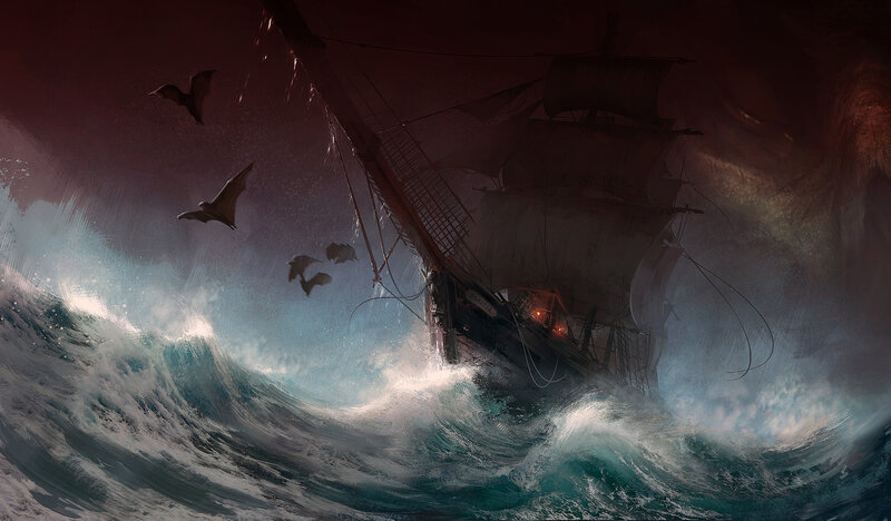 Sailing Ship in Storm — Blue, Dramatic, Night, Digital Art, Waves